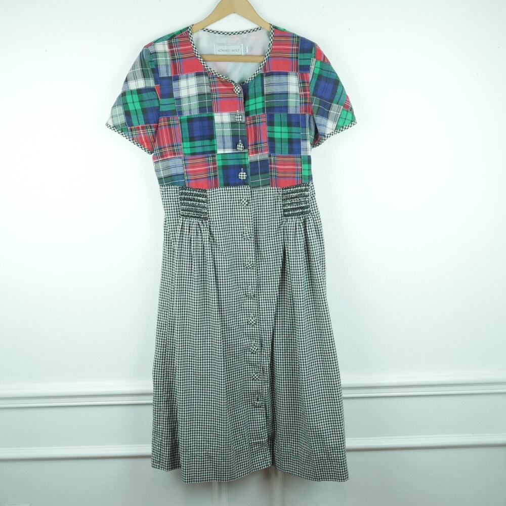 Vintage M L Dress 90s Gingham Madras Plaid‎ Patchwork Cottagecore Grunge Prairie